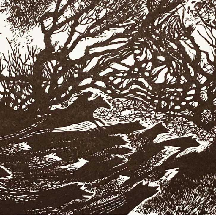 The Wisht Hunt (black and white linoprint)